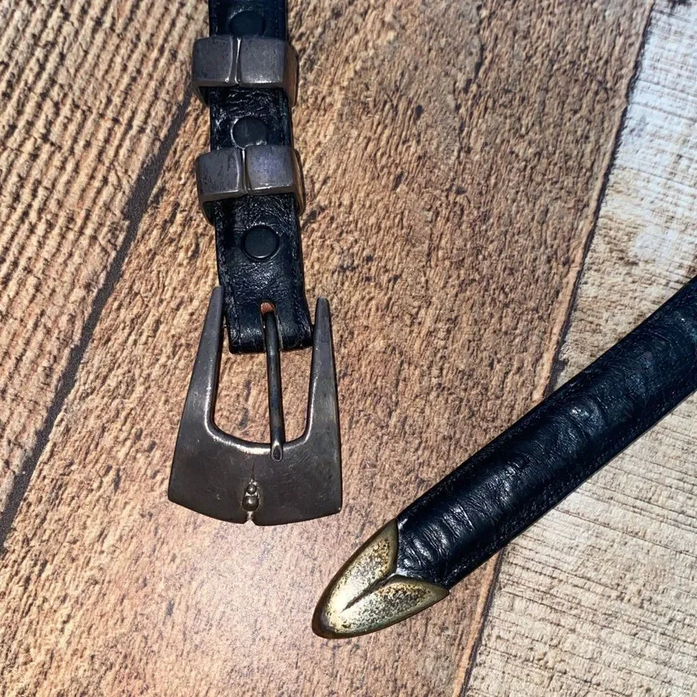 DAVID DEAR 925 Silver Vintage Belt 38 Black leather Genuine‎ Ostrich Made In USA